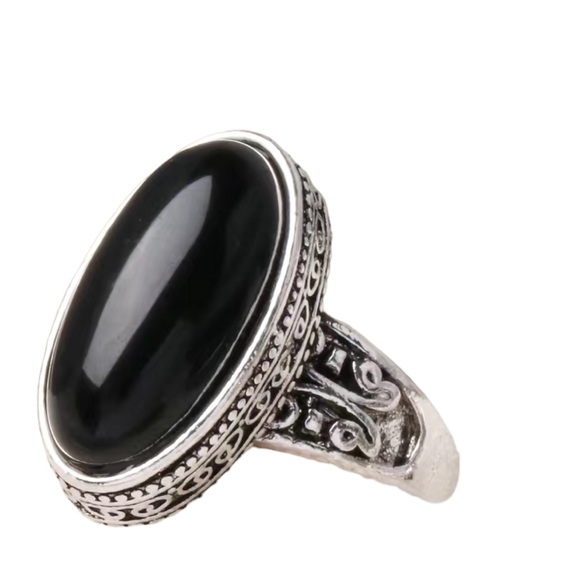 Vintage Antiqued Silver Long Oval Black Solitaire - Picture 4 of 5